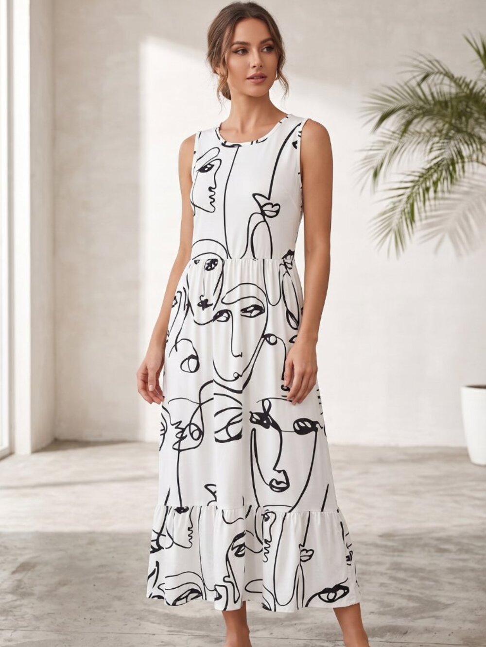 Sleeveless White Maxi Dress with Abstract Black Line Print